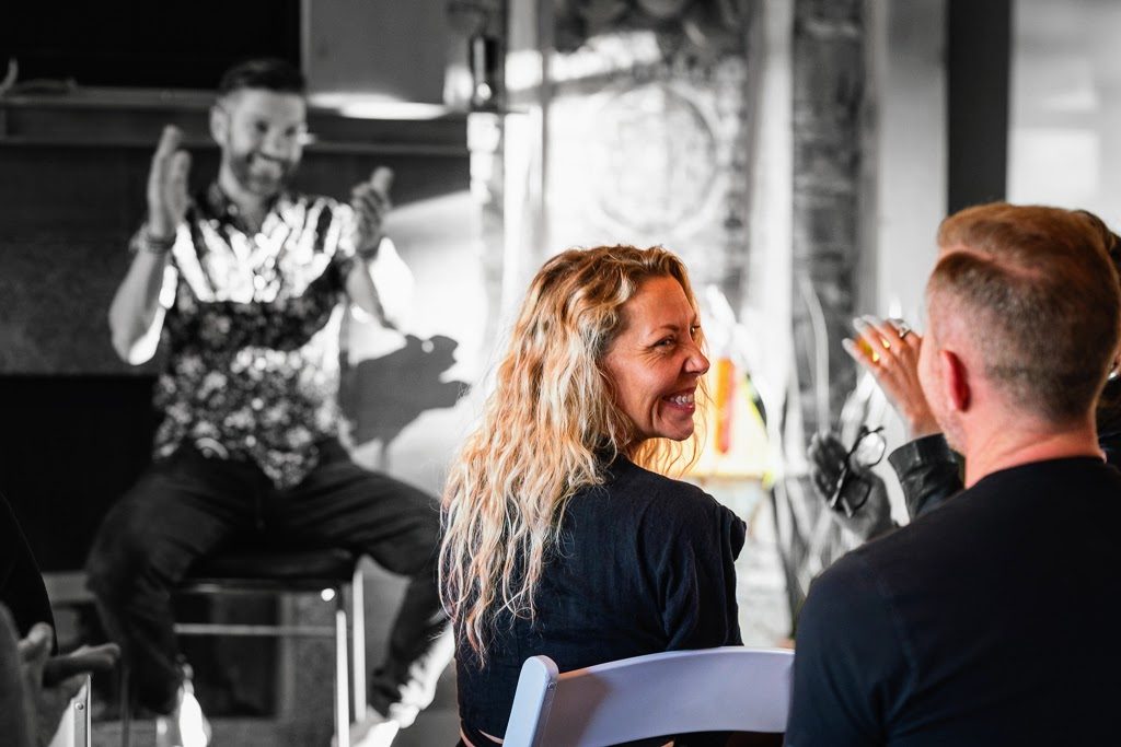 Alternate: Sarah and Travis on stools at lodge event