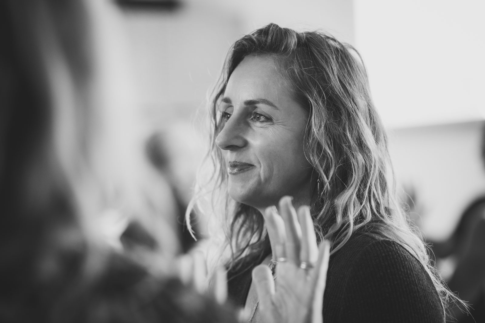 Alternate: Sarah black-and-white candid smile